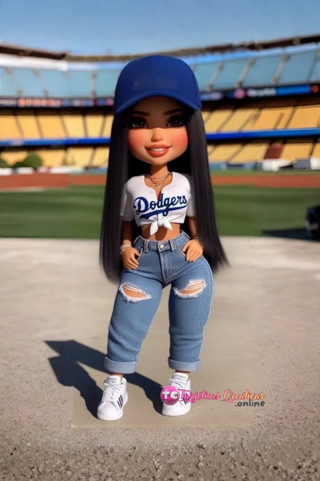 Mujer de pelo castaño con gorra en estadio de beisbol