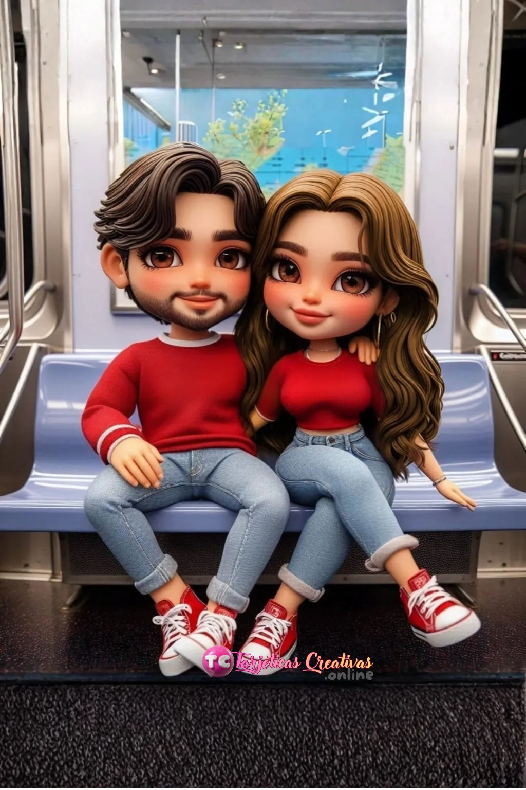 Tarjeta Personalizada de Pareja hombre y mujer sentados en el metro