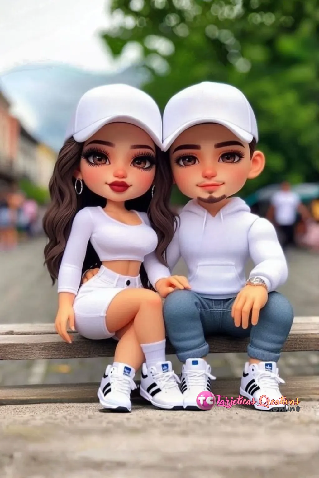 Tarjeta Personalizada de Pareja Mujer y Hombre con gorra sentados en la calle