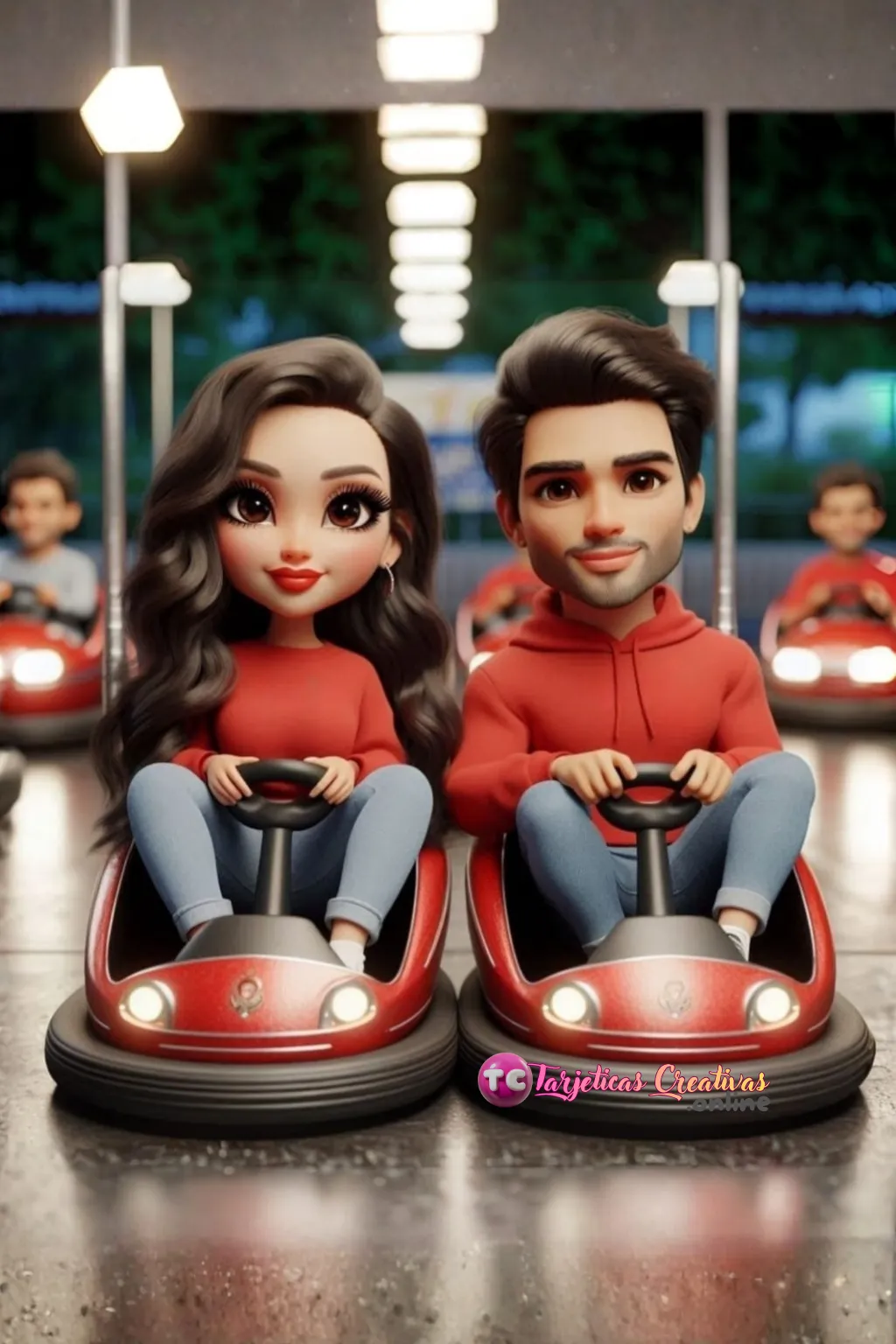 Tarjeta Personalizada de Pareja Mujer y Hombre en carros chocones, parque de atracciones