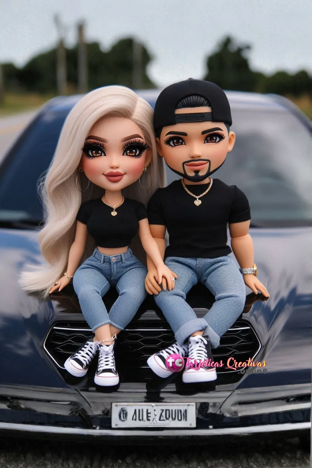 Tarjeta Personalizada de Pareja Mujer y Hombre con gorra agarrados de la mano