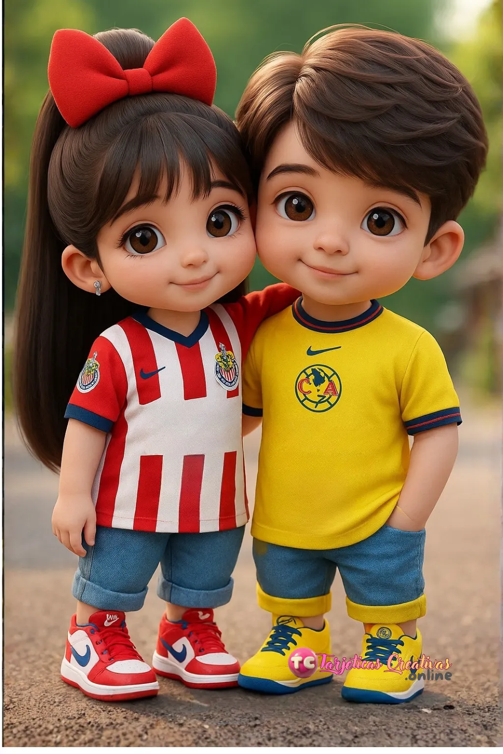 Tarjeta Personalizada de Pareja de niña y niño en el parque con camiseta de futbol