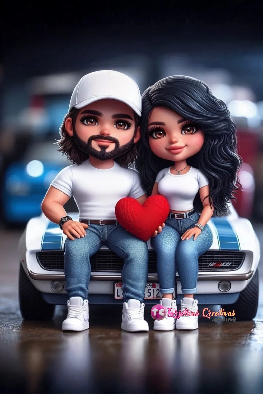 Tarjeta Personalizada de Pareja Hombre y Mujer en la calle con carro y corazón