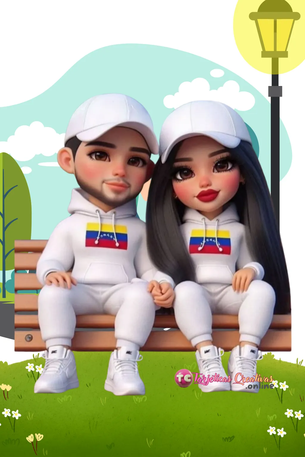 Tarjeta Personalizada de Pareja Hombre y mujer sentados en el parque con la bandera de Venezuela