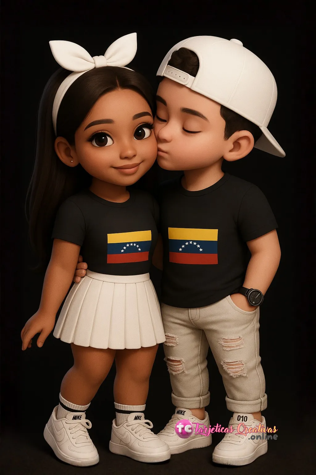 Tarjeta Personalizada de Pareja Mujer y hombre con gorra y camiseta con bandera de Venezuela, beso