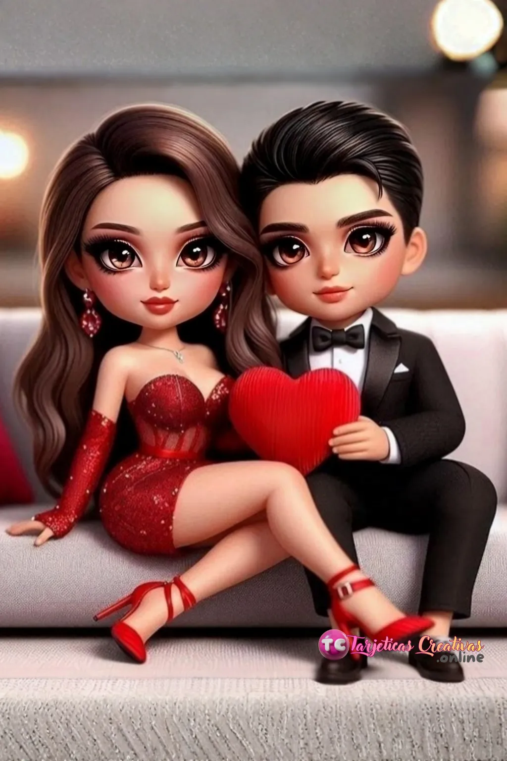 Pareja de muñeca pelo rojo y muñeco sentados en sofa con corazón