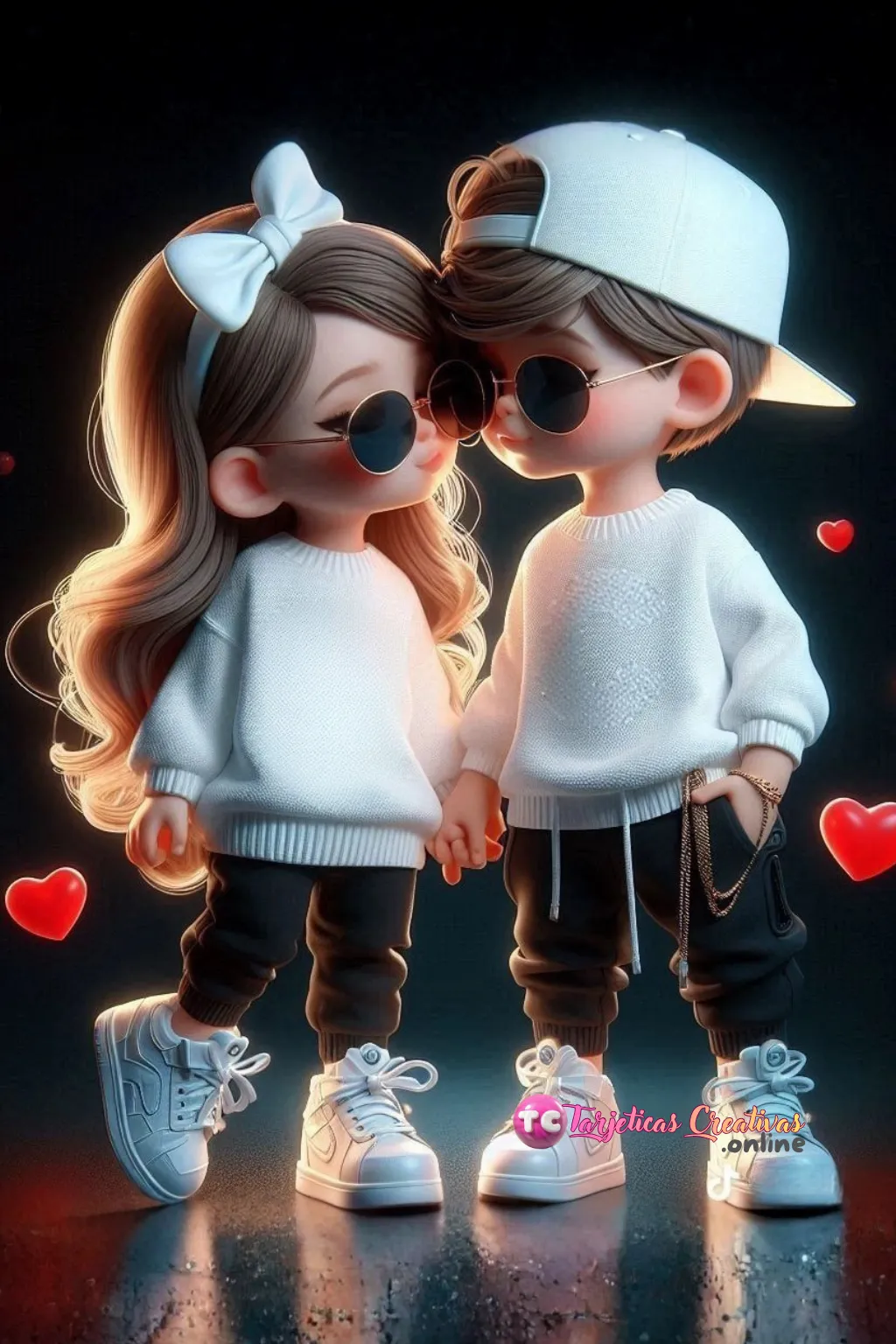 Pareja de niños parados con gorra, lentes y corazones 