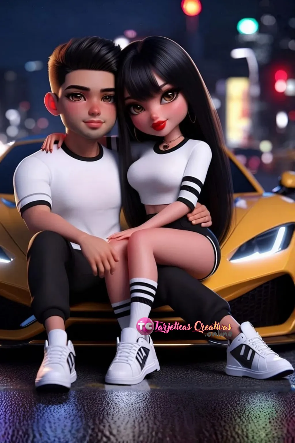 pareja de novios sentados en carro amarillo en la calle