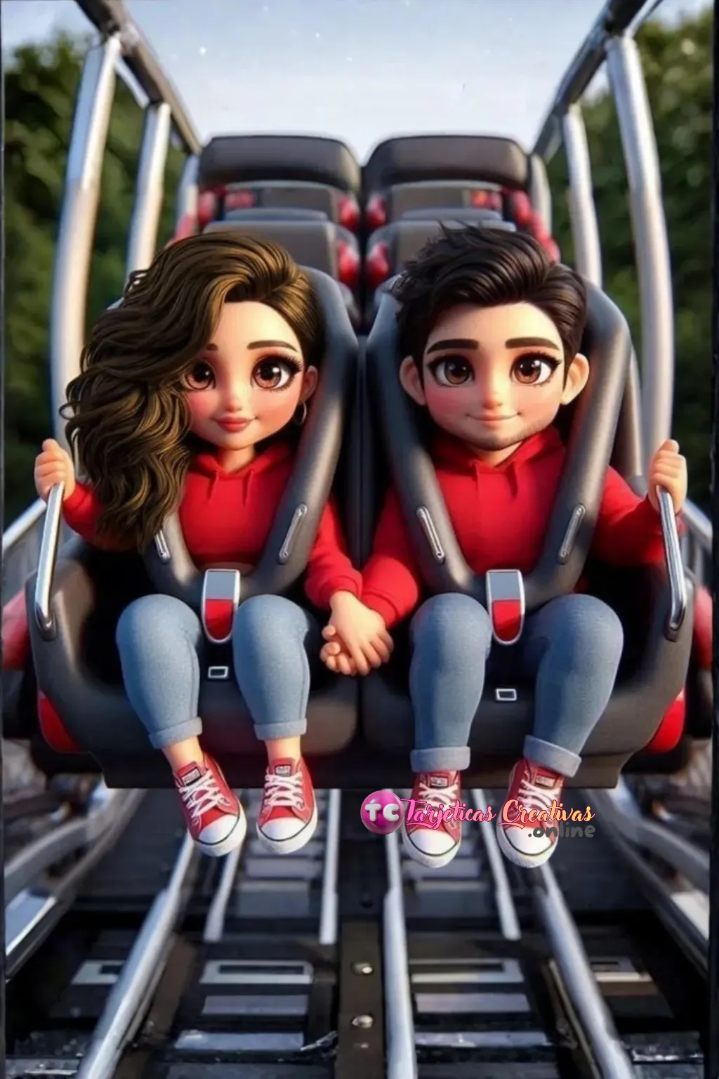 pareja de pelo castaño en la montaña rusa