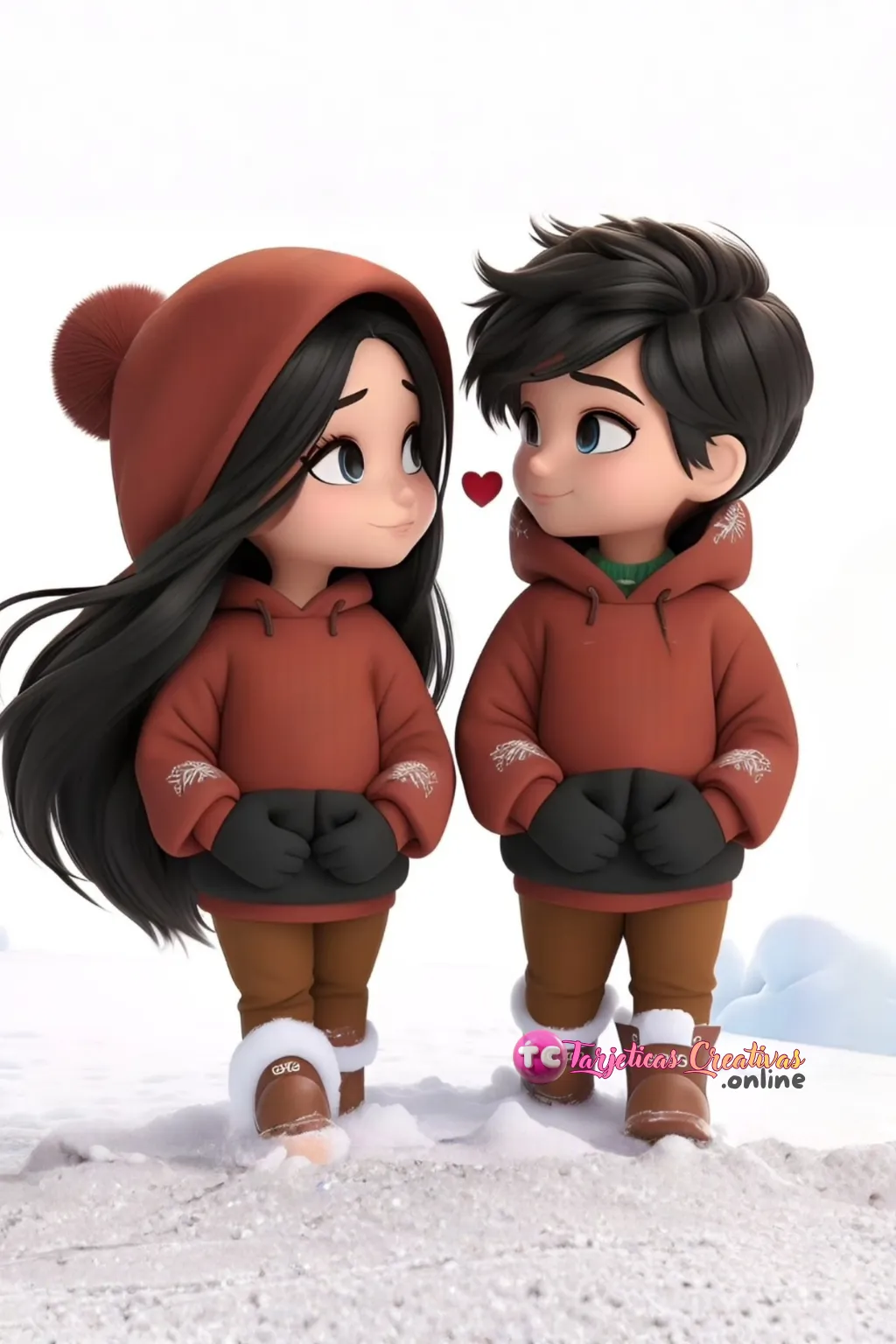 Tarjeta Personalizada de Pareja pelo negro con gorro en la nieve