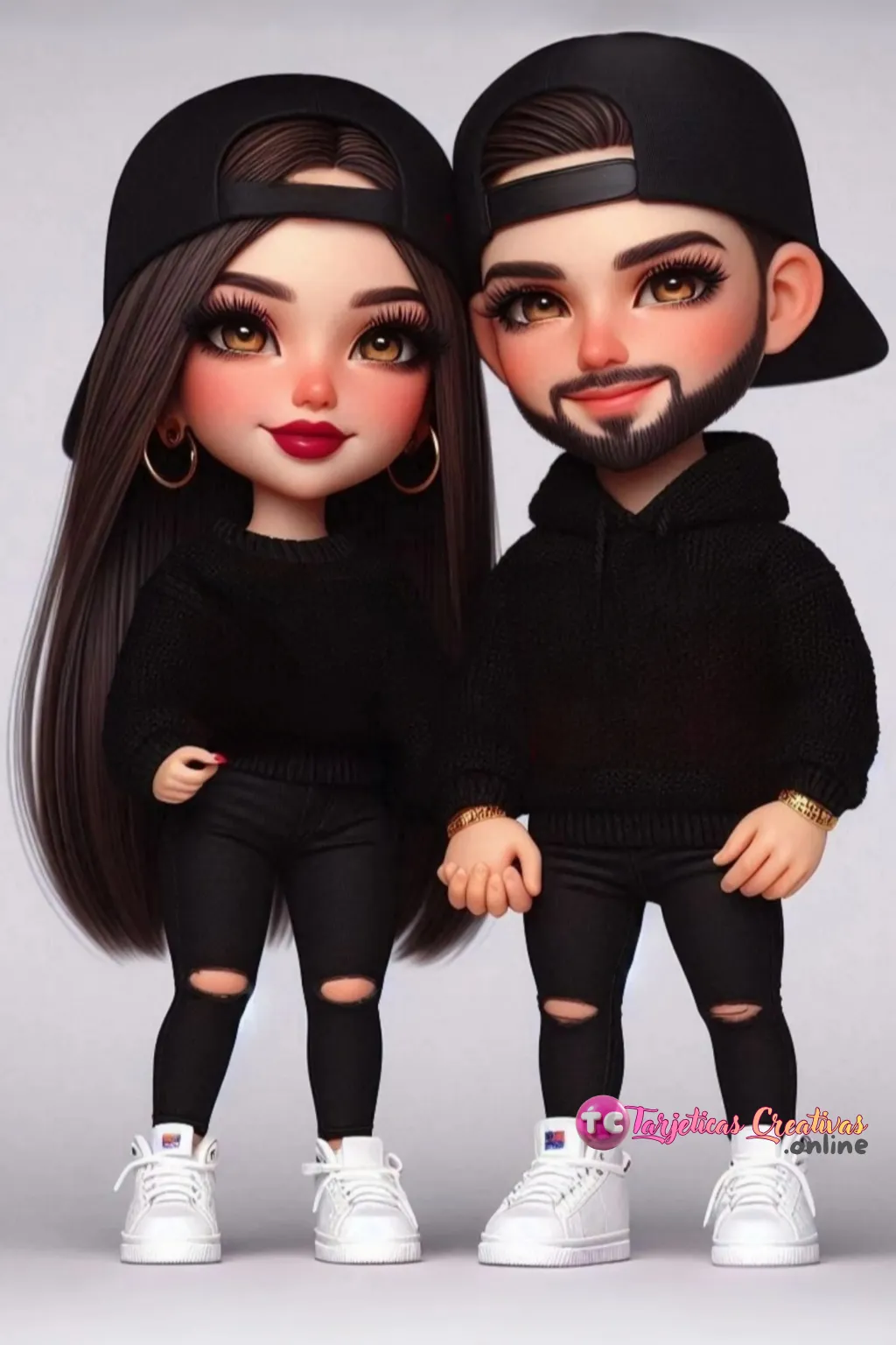 Tarjeta Personalizada de Pareja Mujer y Hombre con gorra agarrados de la mano