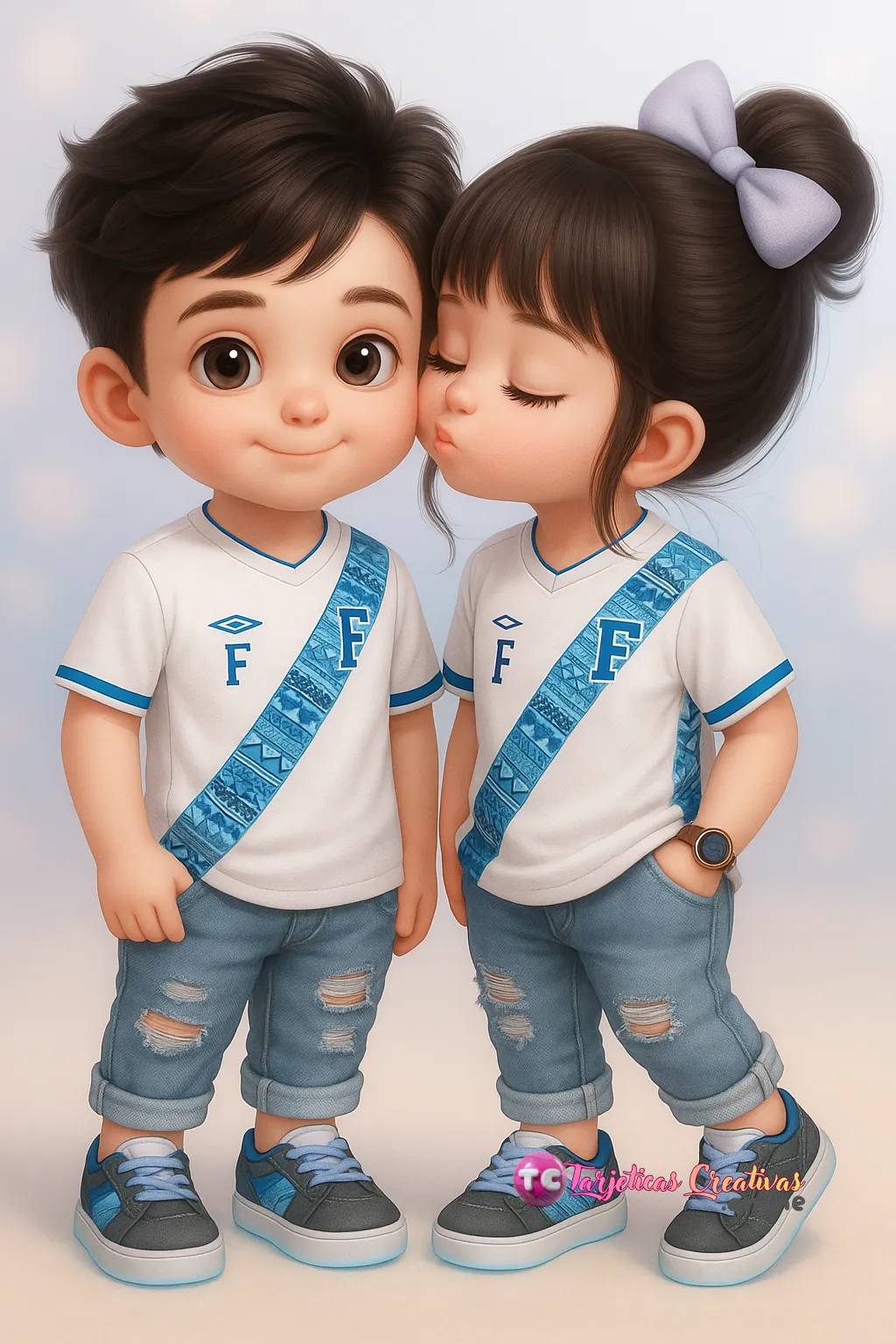 Tarjeta Personalizada de Pareja Niño y Niña con camiseta deportiva dando beso