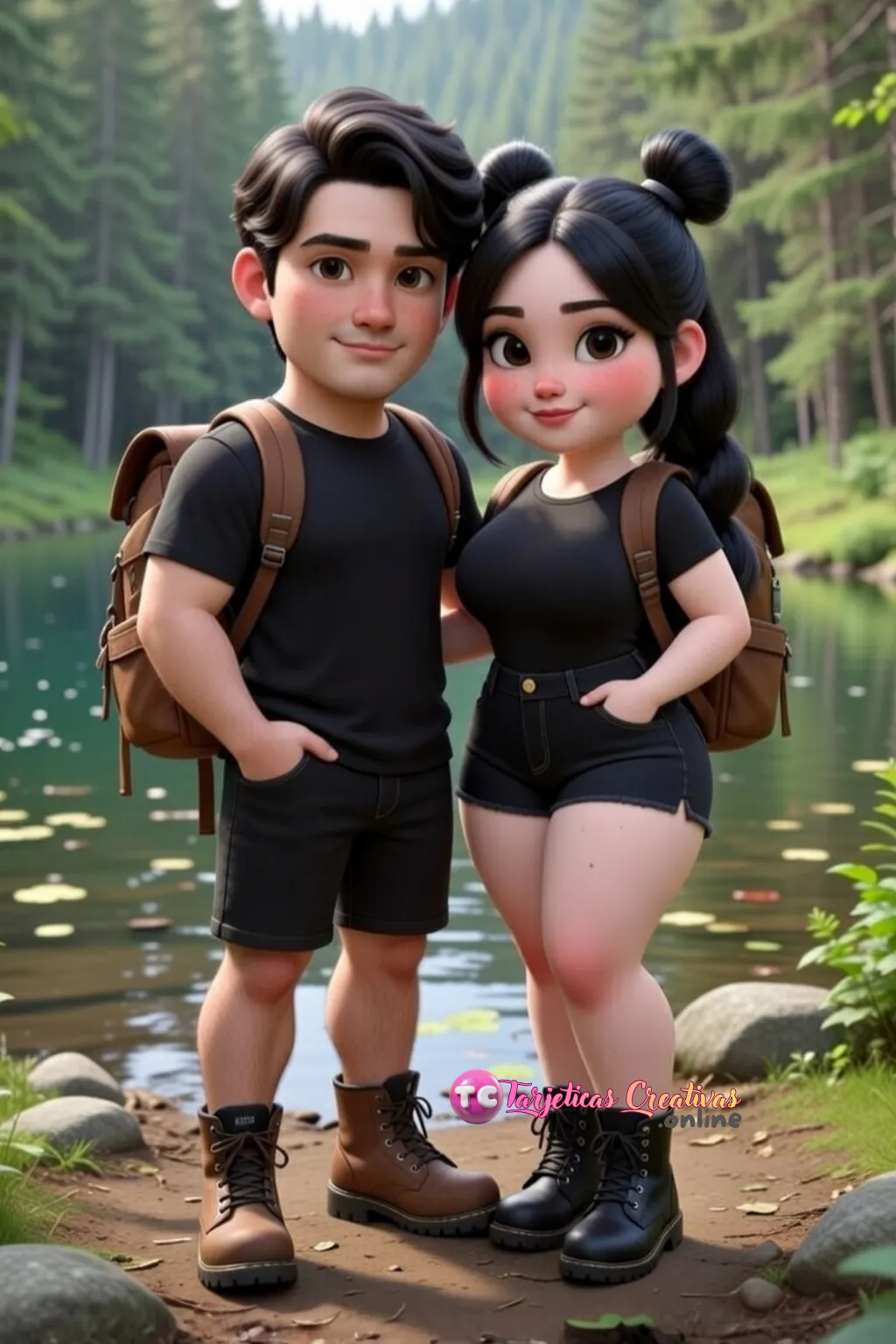 Tarjeta Personalizada de Pareja Mujer y Hombre amigos abrazados de excursión