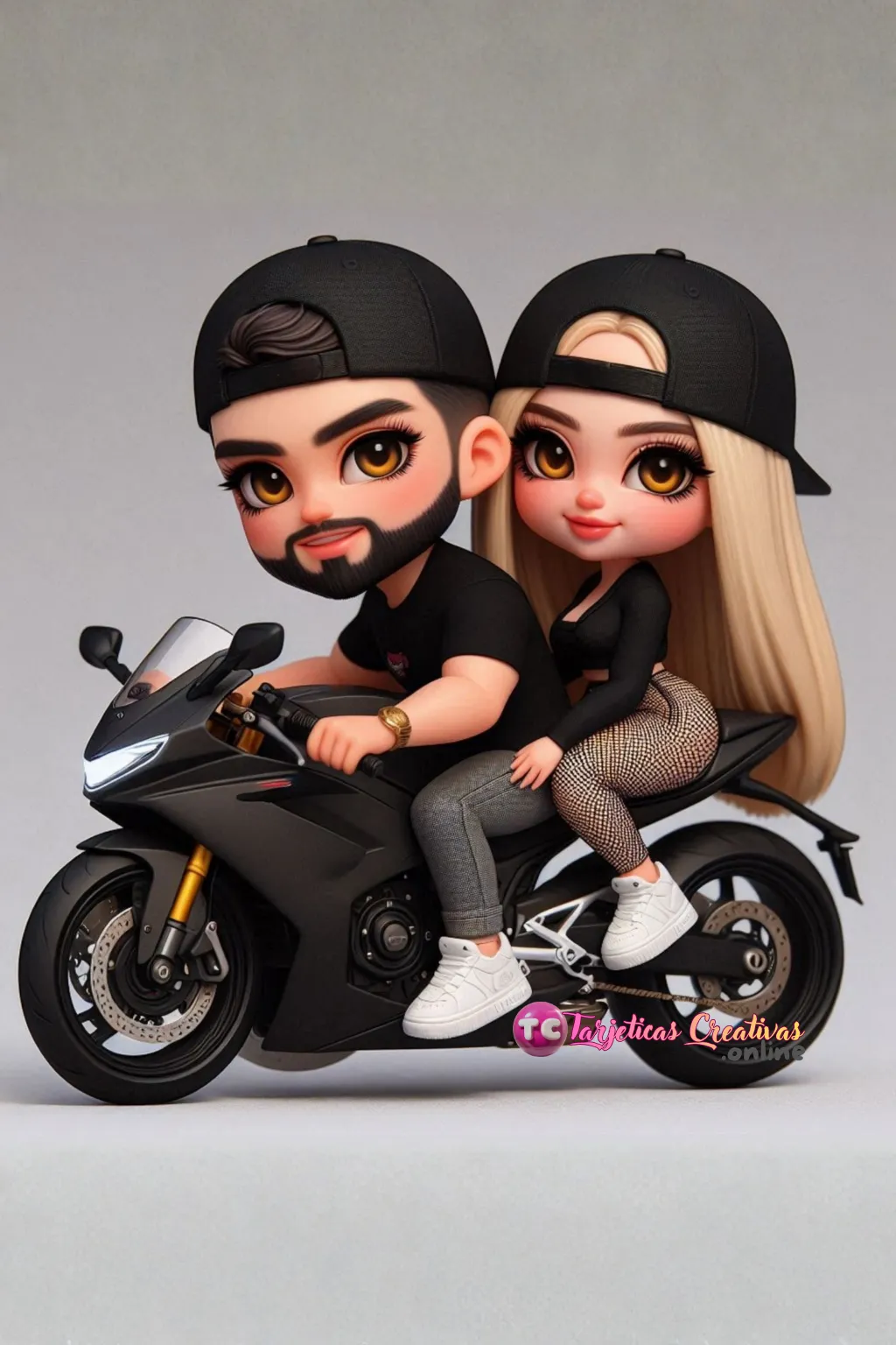 Tarjeta Personalizada de Pareja Hombre y Mujer pelo rubio con gorra y moto