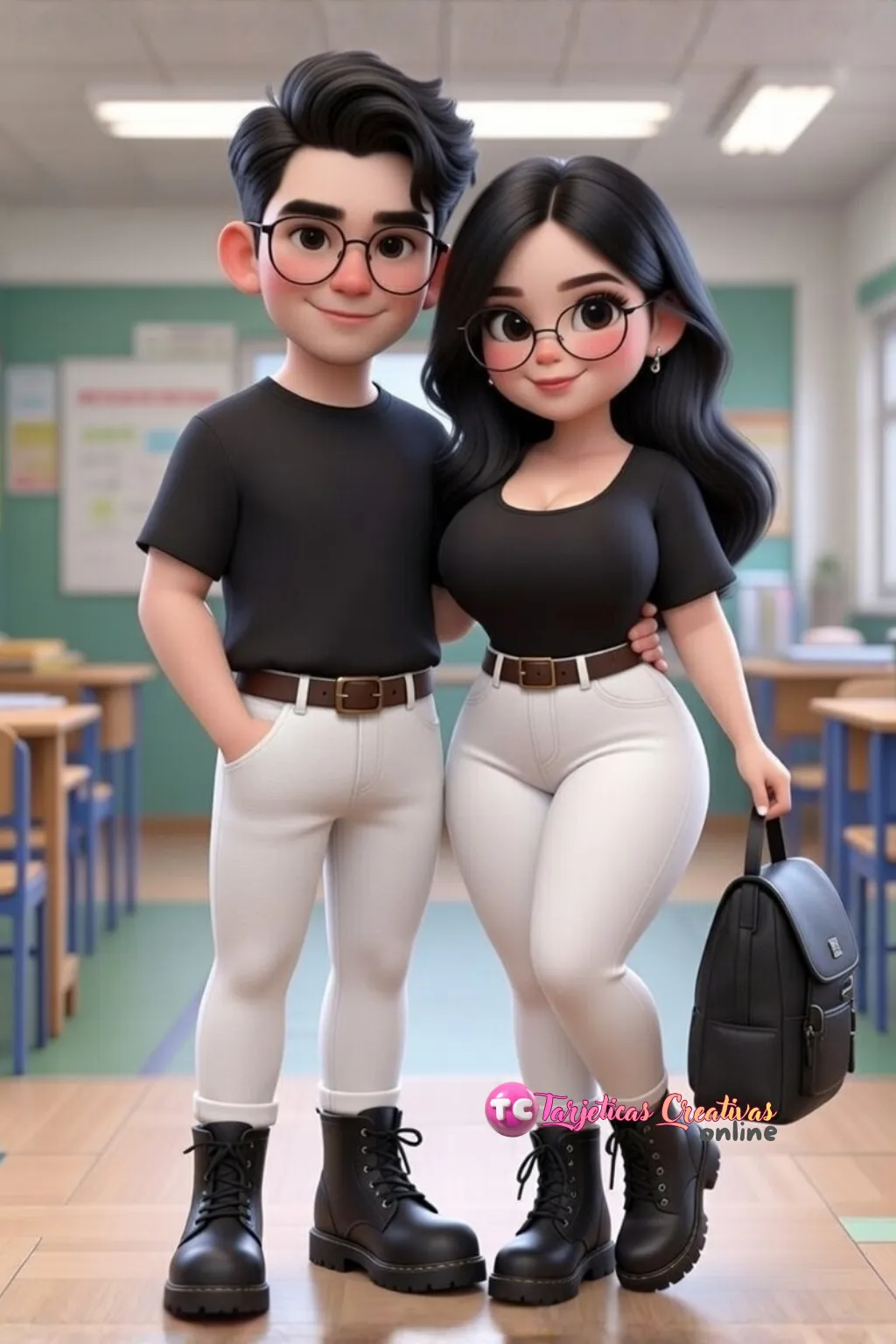 Tarjeta Personalizada de Pareja Mujer y Hombre abrazados maestros enamorados en el aula