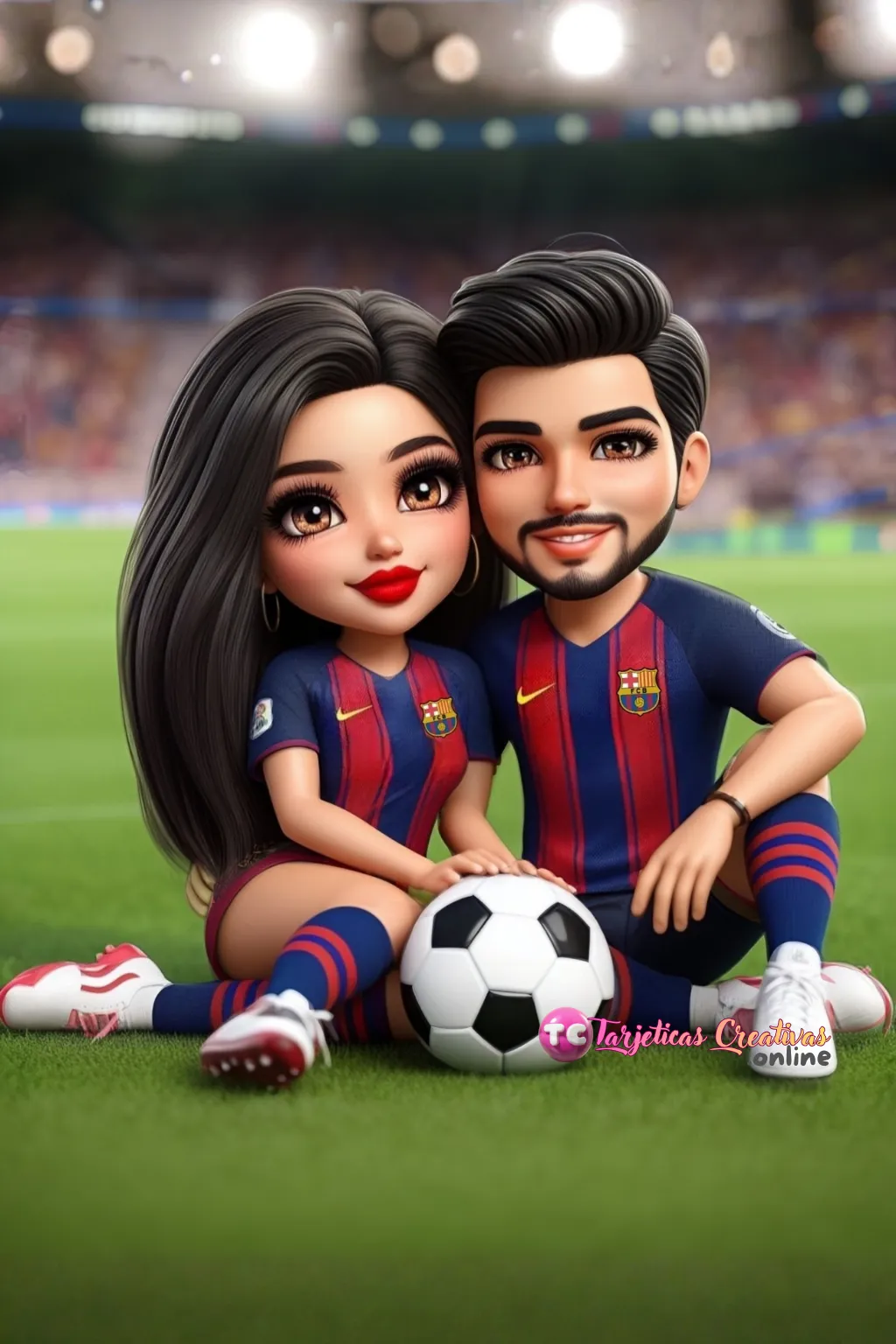 Tarjeta Personalizada de Pareja Mujer y Hombre pelo negro en estadio de futbol con uniforme