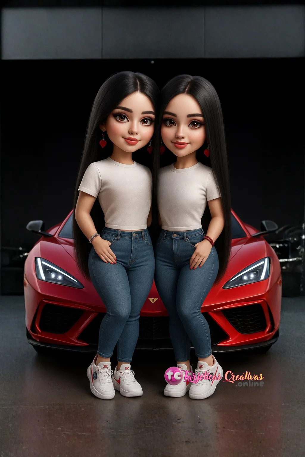 Tarjeta Personalizada de Pareja Mujer pelo negro con carro rojo