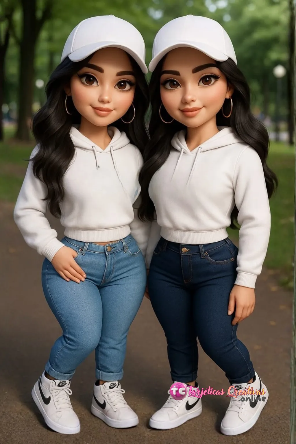 Tarjeta Personalizada de Pareja Mujer pelo negro y gorra en el parque