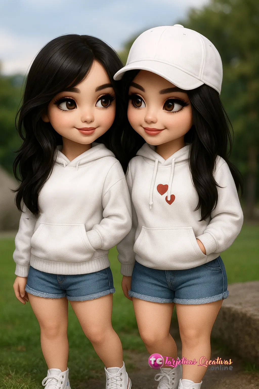 Tarjeta Personalizada de Pareja Mujer pelo negro con gorra en el parque