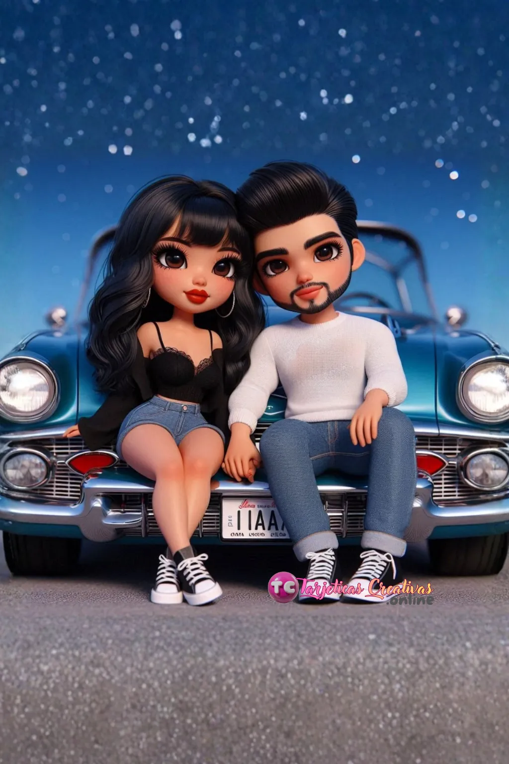 Tarjeta Personalizada de Pareja Mujer y Hombre con barba en carro azul