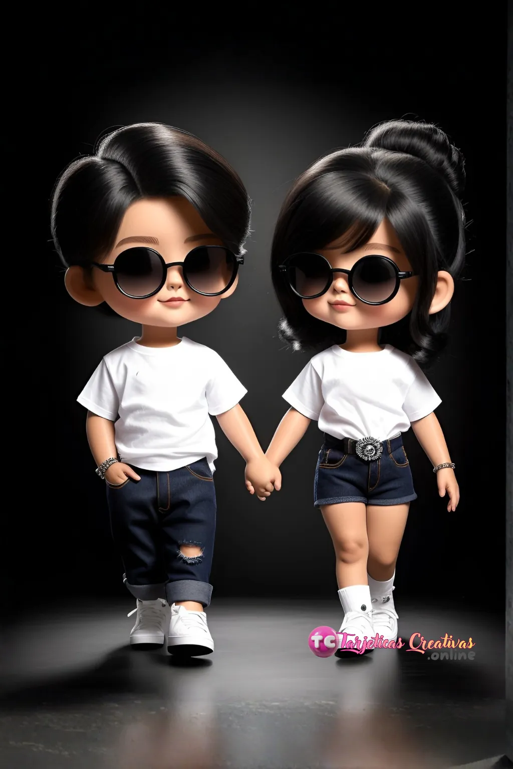 Tarjeta Personalizada de Pareja Niño y Niña de pelo negro con lentes