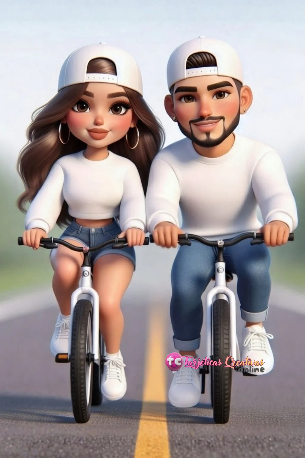 Tarjeta Personalizada de Pareja Mujer y Hombre paseando en bicicleta con gorra